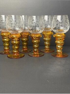 Etched Crystal Glasses with Amber Spiral Stems - Set of 6